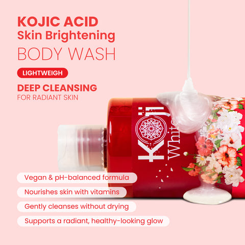 Koji White Fade Dark Spots Bundle with body wash and skincare products for reducing dark spots and brightening skin.