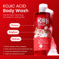 Kojiwhite kojic acid skin brightening body wash in a clear bottle, with a white and blue label, suitable for skincare routine.