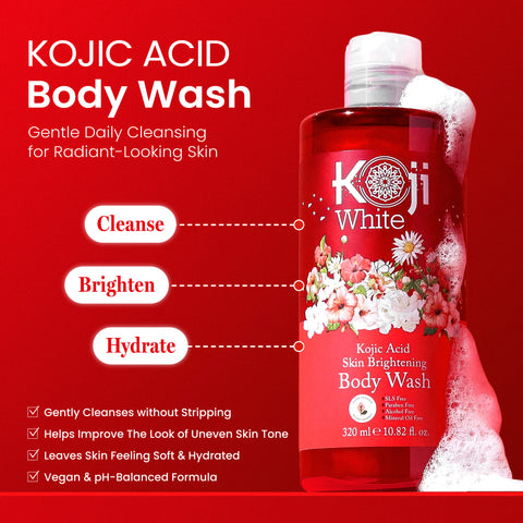 Kojiwhite kojic acid skin brightening body wash in a clear bottle, with a white and blue label, suitable for skincare routine.
