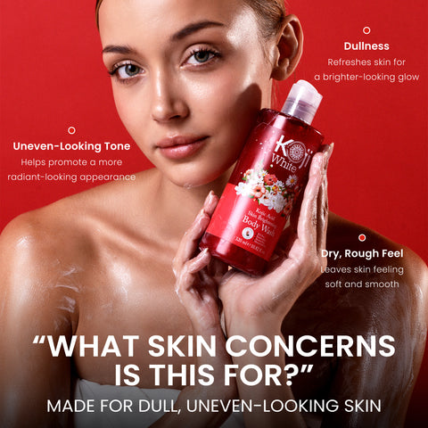Kojiwhite kojic acid skin brightening body wash in a pump bottle, showing the product label and clear liquid inside