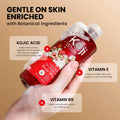 Kojiwhite kojic acid skin brightening body wash in a clear bottle with a white and purple label, showcasing the product's packaging.