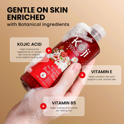 Kojiwhite kojic acid skin brightening body wash in a clear bottle with a white and purple label, showcasing the product's packaging.