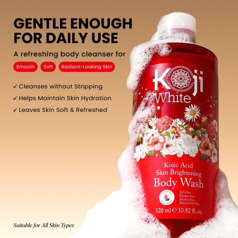 Kojiwhite kojic acid skin brightening body wash bottle with label and pump dispenser, skincare product for radiant skin.