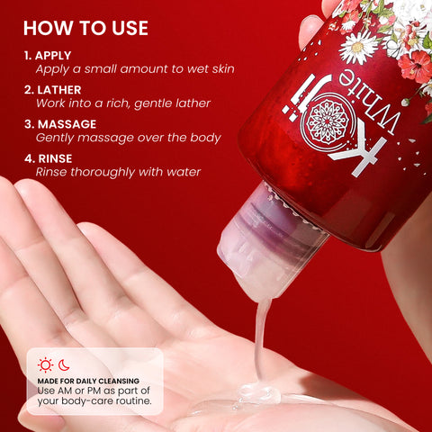 Kojiwhite kojic acid skin brightening body wash in a clear bottle with white and purple label, showing the product label and packaging.