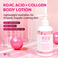 Koji White collagen and kojic acid skin brightening body lotion bottle with lotion inside and label visible.
