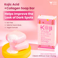 Two bars of Kojiwhite Kojic Acid & Collagen Skin Brightening Soap, natural soap with collagen and whitening ingredients.
