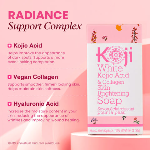 Two bars of kojiwhite Kojic Acid & Collagen Skin Brightening Soap with collagen for radiant, even-toned skin.