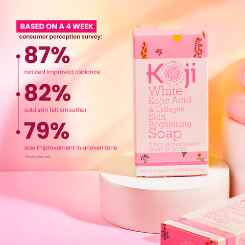 Two bars of kojiwhite Kojic Acid and Collagen Skin Brightening Bar Soap with natural ingredients and smooth soap texture.