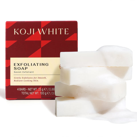 Koji White AHA exfoliating soap bars, 0.88 oz each, featuring textured surface for gentle skin exfoliation and cleansing.