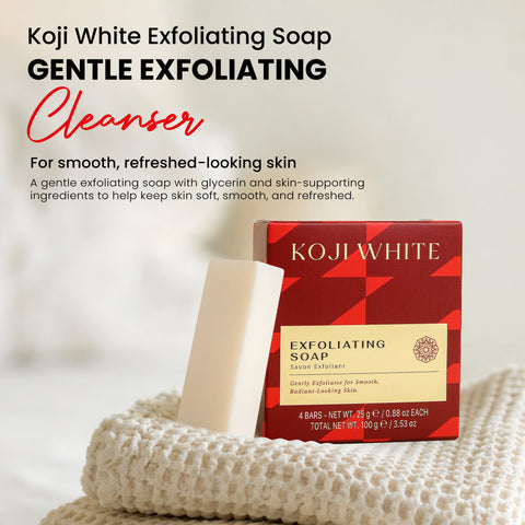 Koji White AHA exfoliating soap bars, 0.88 oz each, natural bar soap for skin renewal and gentle exfoliation, set of four bars.