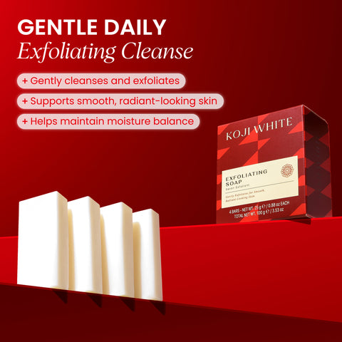 Koji White AHA exfoliating soap bars, 0.88 oz each, featuring a white bar with textured surface for gentle skin exfoliation.