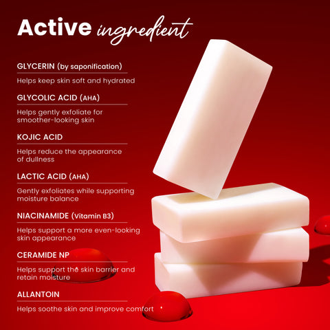 Koji White AHA exfoliating soap bars, 0.88 oz each, set of four, featuring natural ingredients for gentle skin exfoliation.