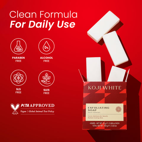 Koji White AHA exfoliating soap bars, 0.88 oz each, featuring a smooth, cleansing bar soap with exfoliating properties.