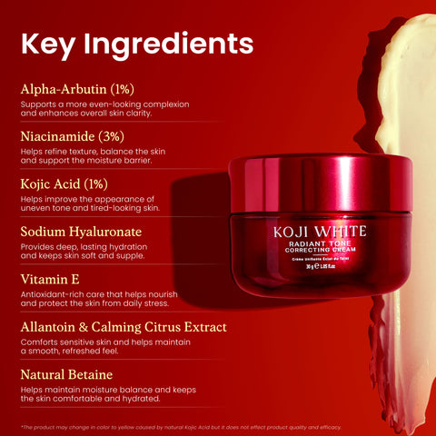 Koji White Radiant Tone Correcting Cream - Face Moisturizer, Unscented, Vegan, 30 g (1.05 Oz) - Koji White