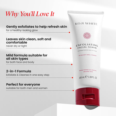 Koji White Exfoliating Facial Scrub, Gentle Face Wash - Unscented, Vegan, 100ml (3.38 Fl Oz)