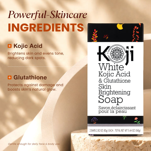 Two bars of Kojiwhite Gluta-Soap Kojic Acid and Glutathione skin brightening bar soap, with packaging and soap bars visible.