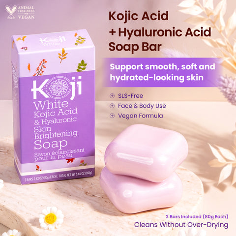 Two bars of kojiwhite Kojic Acid and Hyaluronic Acid brightening bar soap with white packaging and clear branding.