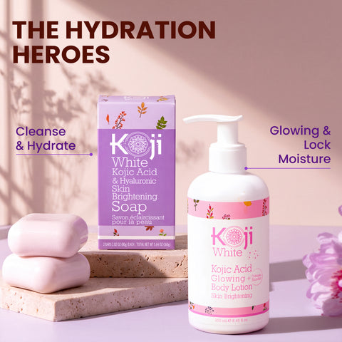 Two bars of Kojiwhite Kojic Acid and Hyaluronic Acid Brightening Soap, natural bar soap for skin brightening and hydration.