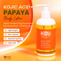 Koji White Kojic Acid and Papaya skin brightening body lotion bottle with tropical label and pump dispenser.