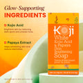 Two bars of Kojiwhite Kojic Acid and Papaya Skin Brightening Soap, featuring fresh papaya images and natural ingredients.