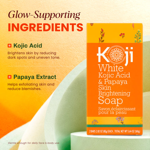 Two bars of Kojiwhite Kojic Acid and Papaya Skin Brightening Soap, featuring fresh papaya images and natural ingredients.