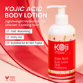 Koji White Kojic Acid Dark Spot Duo bundle featuring red lotion bottles for skin brightening and dark spot reduction.