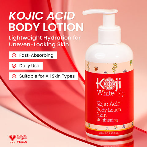 Koji White Kojic Acid Dark Spot Duo bundle featuring red lotion bottles for skin brightening and dark spot reduction.