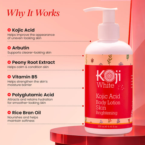 Koji White Kojic Acid Dark Spot Duo bundle featuring red lotion bottles for brightening and skin tone evening.