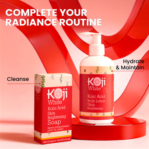 Koji White Kojic Acid Dark Spot Duo bundle with red lotion bottles, designed to reduce dark spots and brighten skin.