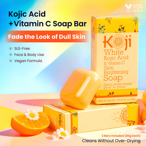 Two bars of kojiwhite Kojic Acid and Vitamin C skin brightening soap with white packaging and clear branding.