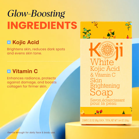 Two bars of Kojiwhite Kojic Acid and Vitamin C skin brightening soap, showing the packaging and soap bars in the image.