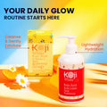 Two bars of kojiwhite Kojic Acid and Vitamin C skin brightening soap with vibrant packaging featuring citrus and skincare elements.