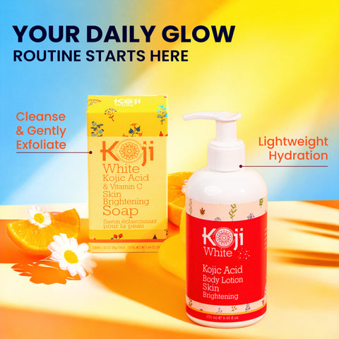 Two bars of kojiwhite Kojic Acid and Vitamin C skin brightening soap with vibrant packaging featuring citrus and skincare elements.