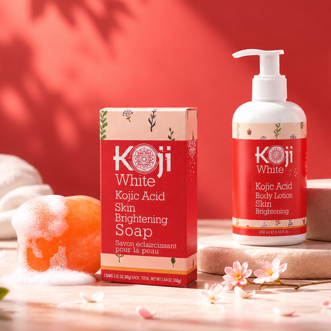 Koji White Kojic Acid Dark Spot Duo bundle featuring skincare products for reducing dark spots and evening skin tone.